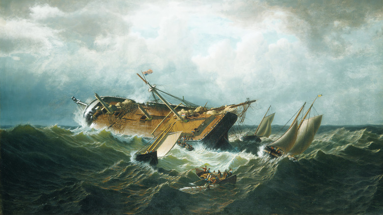 Painting of ship sinking in a storm off Nantucket.