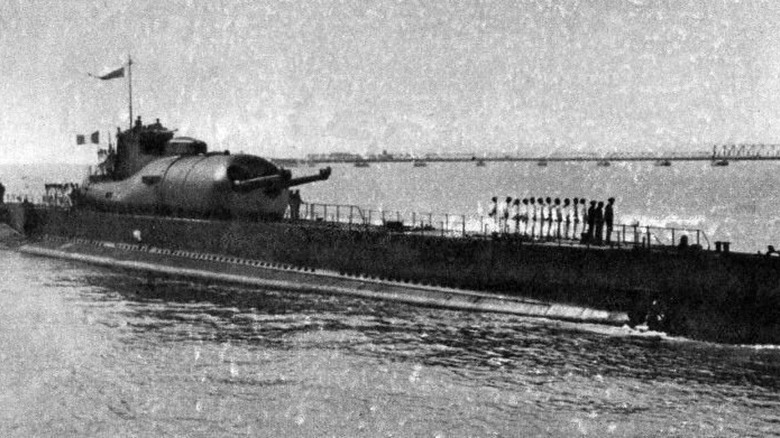 Surcouf submarine partially abovewater, 1934 or 1935.