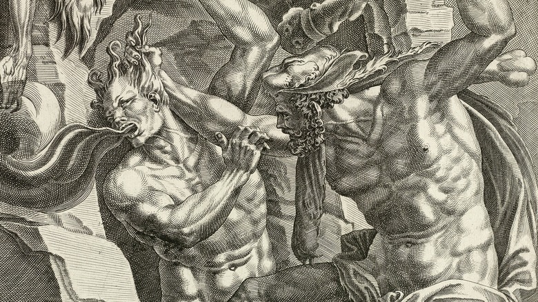 17th century illustration of Heracles and Cacus fighting