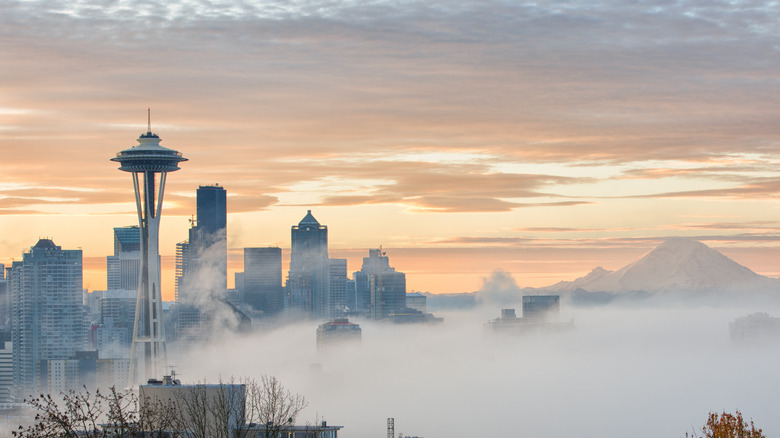 space needle fog mount rainier background