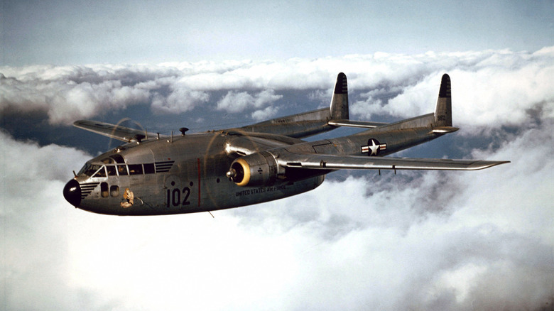 A U.S. Air Force Fairchild C-119B-10-FA Flying Boxcar (s/n 49-102) of the 314th Troop Carrier Group in 1952.