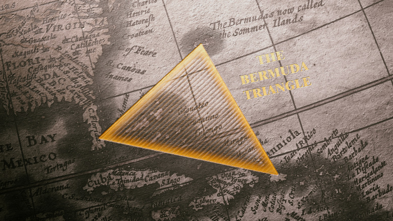 Vintage map with yellow triangle superimposed over Bermuda Triangle region.