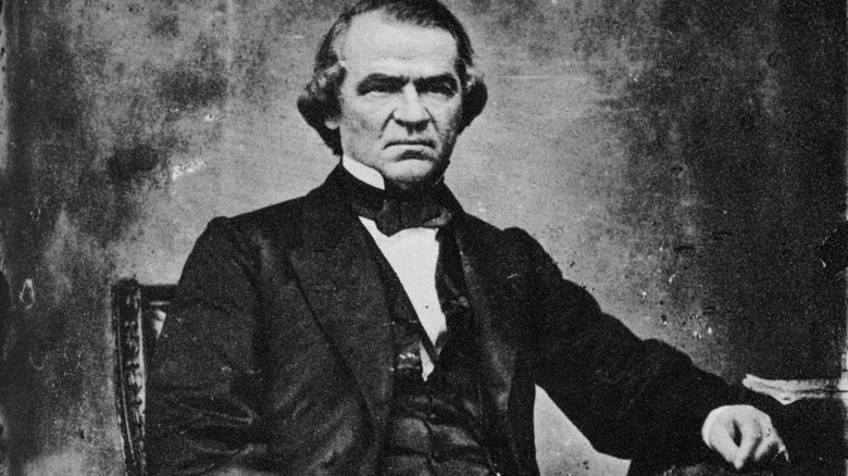 Andrew Johnson sat leaning on table