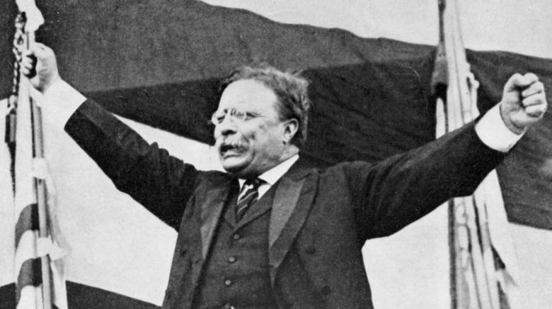Theodore Roosevelt arms raised speaking flags
