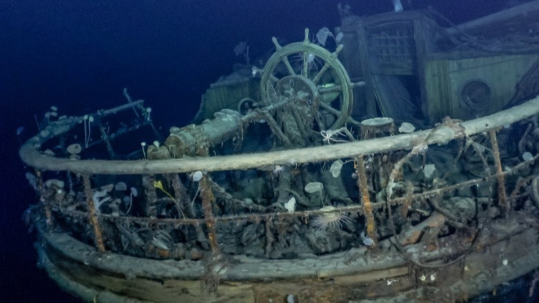 The ship's wheel of the Endurance rests in Antarctic waters