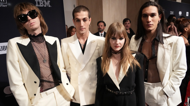 Maneskin white suits Pre-Grammy party