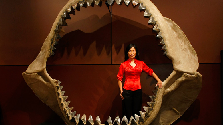 Lady standing inside megalodon jaw fossil