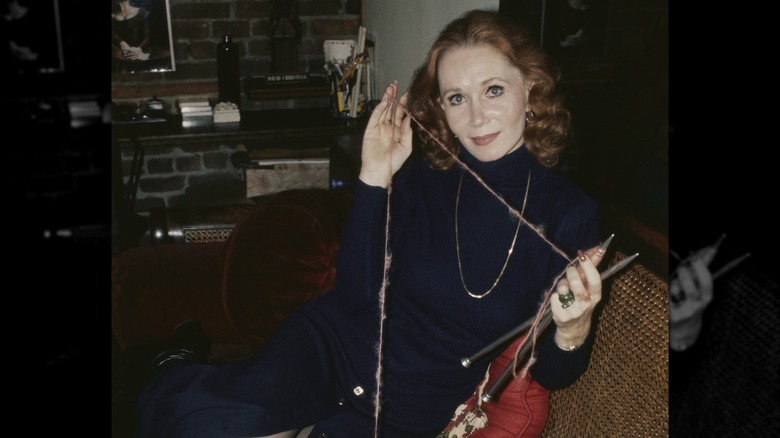 Katherine Helmond sitting and knitting