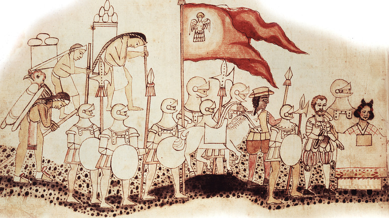 Aztec illustration cortes and consquistadors with flag