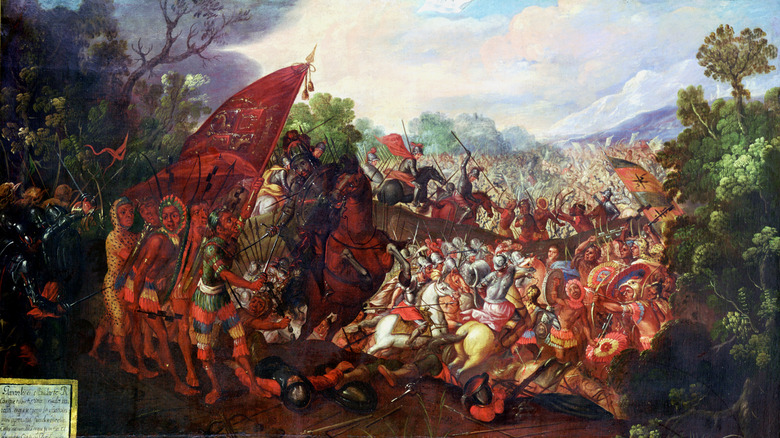 conquistadors fight aztecs oil painting