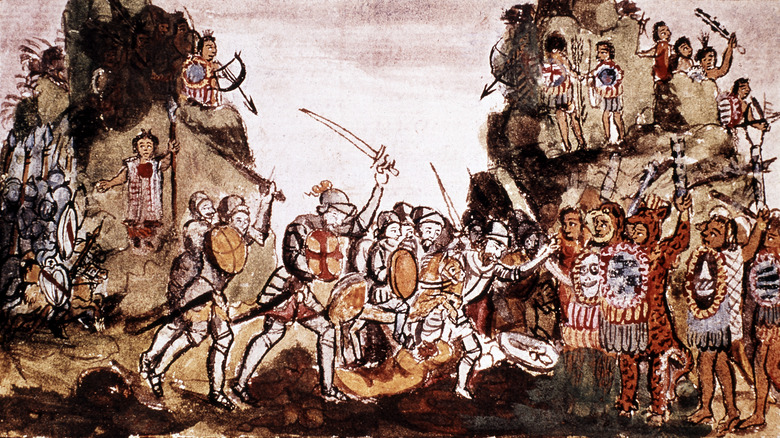 Hernán Cortés conquistadors attacking aztecs paintings