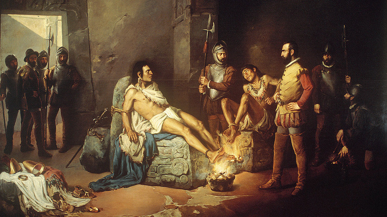 Cuauhtémoc tortured by conquistadors, oil painting by Leandro Izaguirre