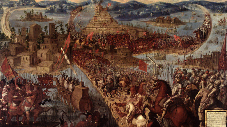 oil painting siege Tenochtitlan armies and boats attack aztec city