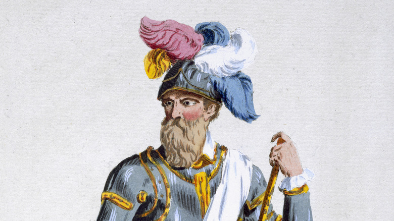 Hernán Cortés illustration in armor with feathered helmet