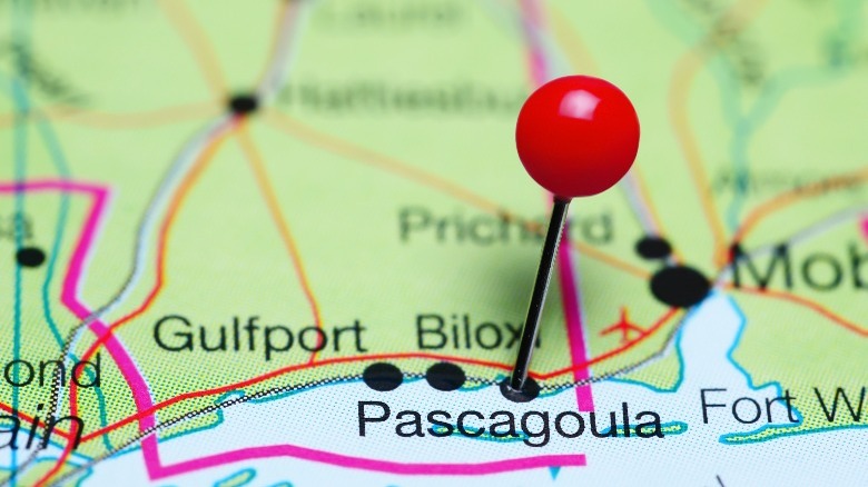 Map of Mississippi with Pascagoula pinned