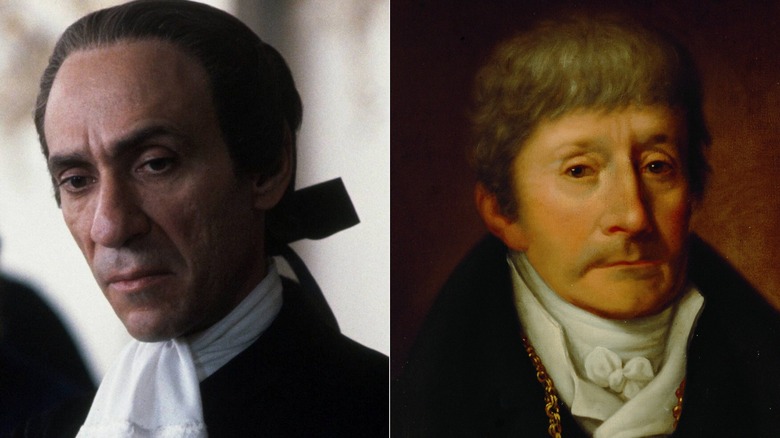 F. Murray Abraham as Antonio Salieri in Amadeus (1984) side by side with a portrait of the real Antonio Salieri