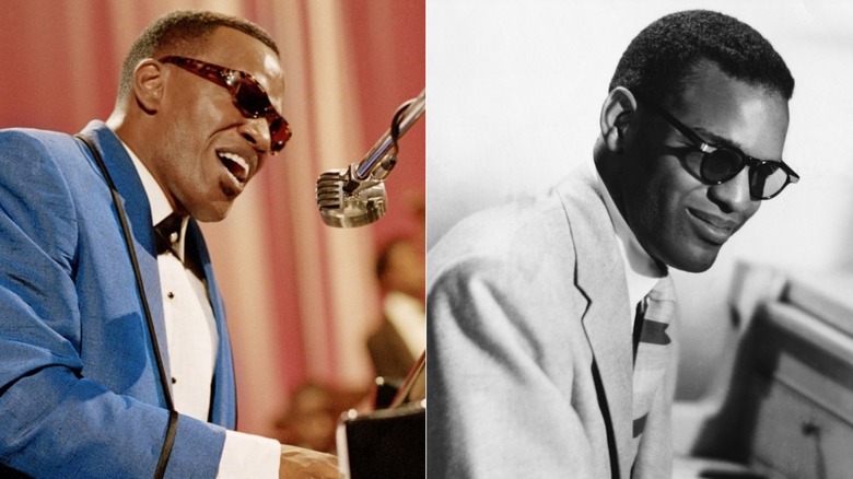 Jamie Foxx as Ray Charles in Ray (2004) side by side with the real Ray Charles