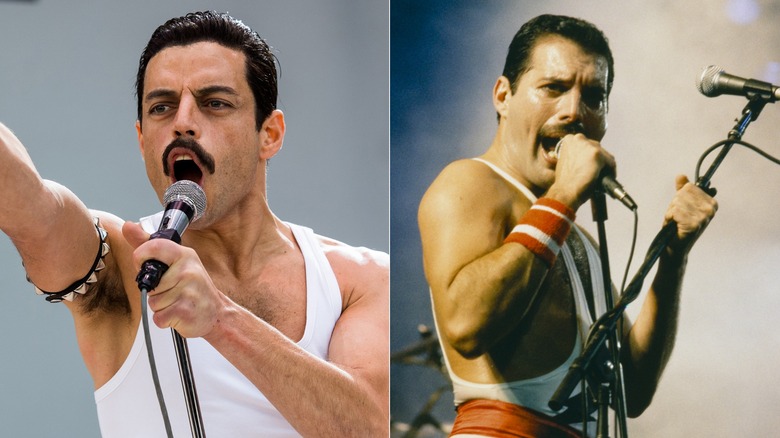 Rami Malek as Freddie Mercury in Bohemian Rhapsody (2018) side by side with the real Freddie Mercury