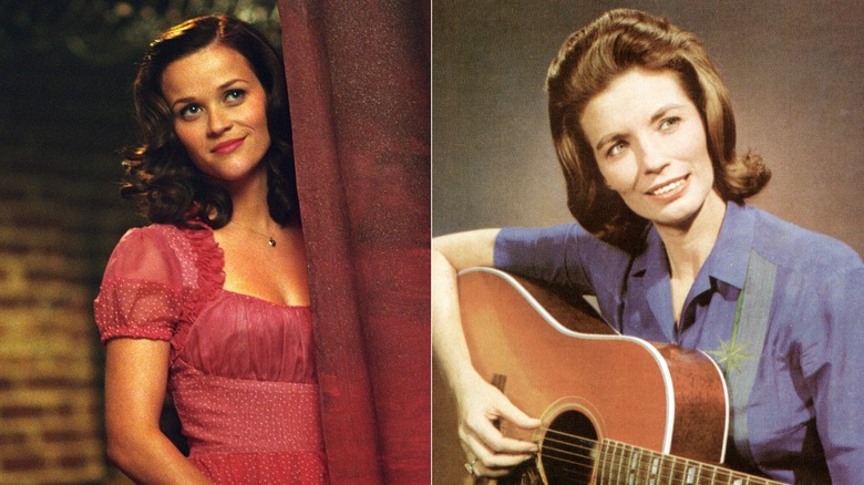 Reese Witherspoon as June Carter Cash in Walk The Line (2005) side by side with the real June Carter Cash