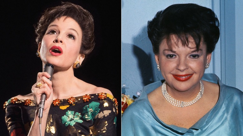 Renée Zellweger as Judy Garland in Judy (2019) side by side with the real Judy Garland