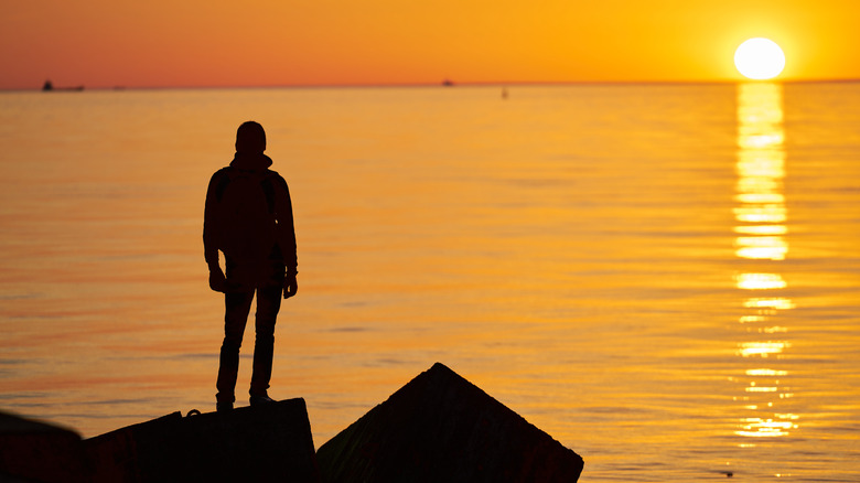 silhouette of man looking at the ocean