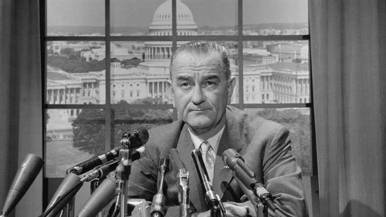 Lyndon B. Johnson press conference microphones