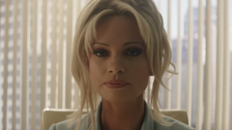 Lily James as Pamela Anderson in deposition scene 