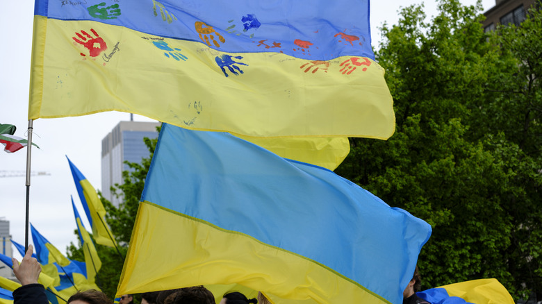 Ukraine flags at protest