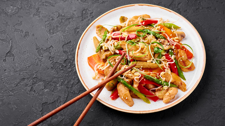 Chop suey on a white plate