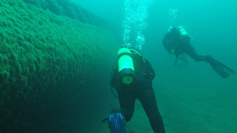 Divers exploring Great Lakes shipwreck 