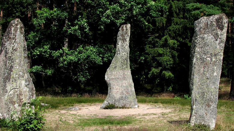 The Björketorp Runestone between two standing stones by woods