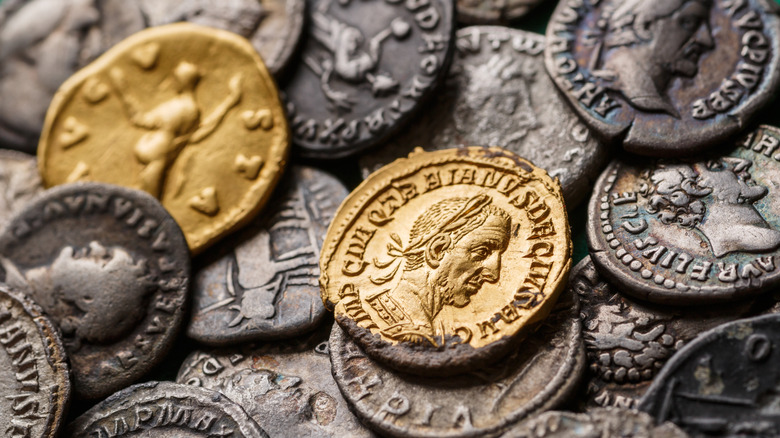 Pile of gold and silver Ancient Roman coins