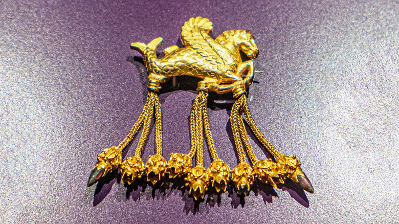 Gold ornament from the Lydian Hoard displayed in a museum