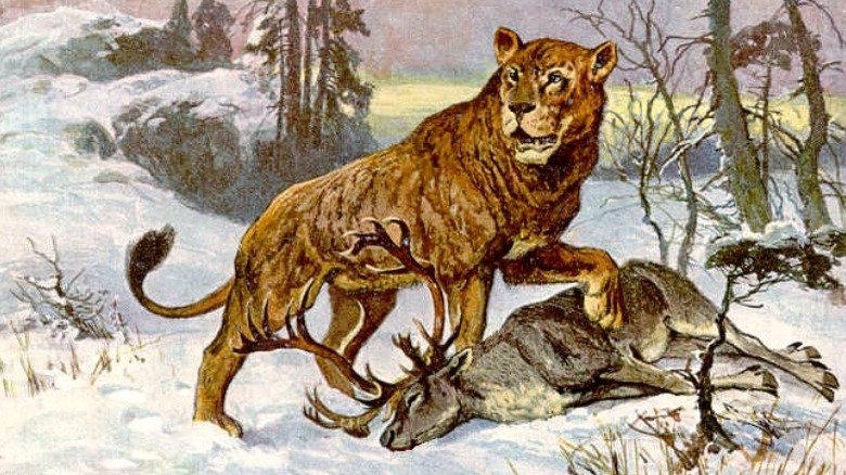 painting of a cave lion hunting a reindeer