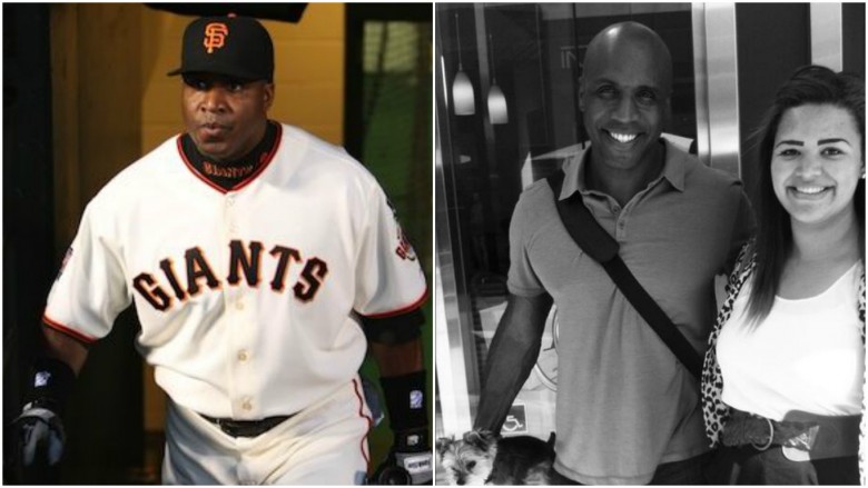 Barry Bonds baseball jersey and smiling dog woman