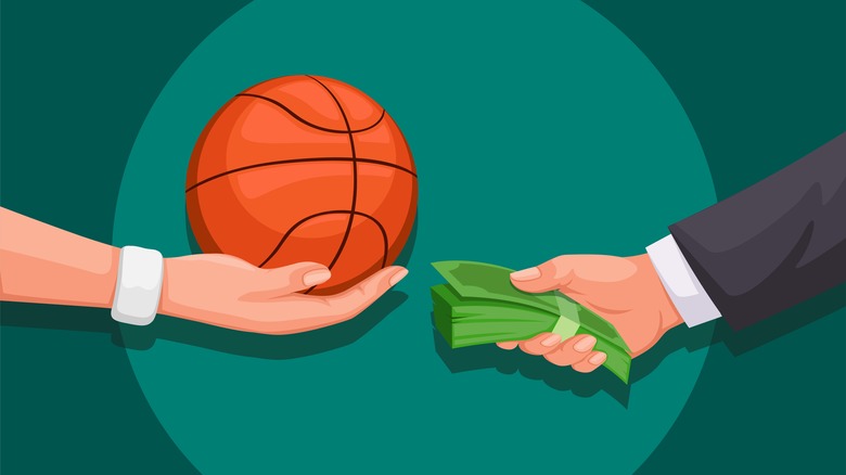 Illustration of a basketball being exchanged for money