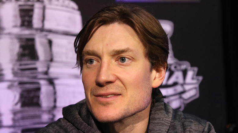 Jay Bouwmeester speaking to the media 