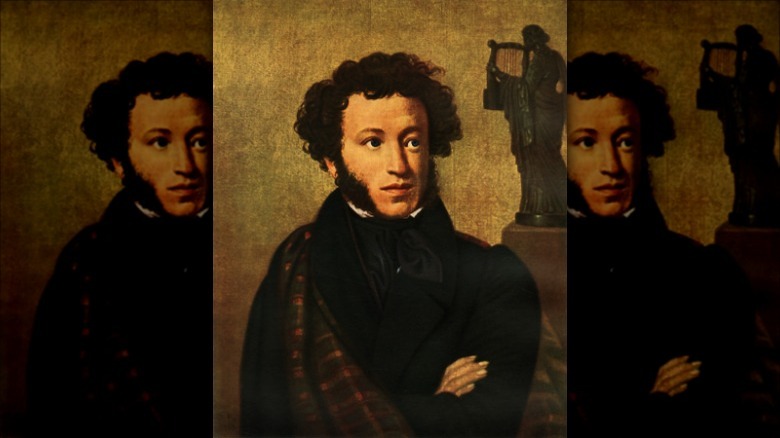 Painting of Pushkin posing with statuette