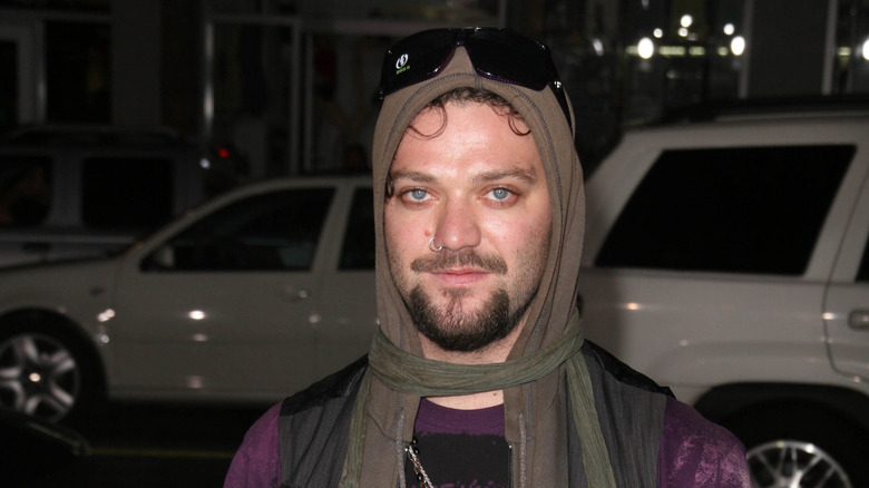 Bam Margera wearing sunglasses hood