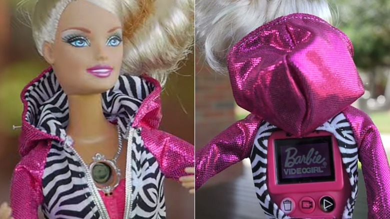 Front and back close-up of Video Girl Barbie's camera necklace and screen