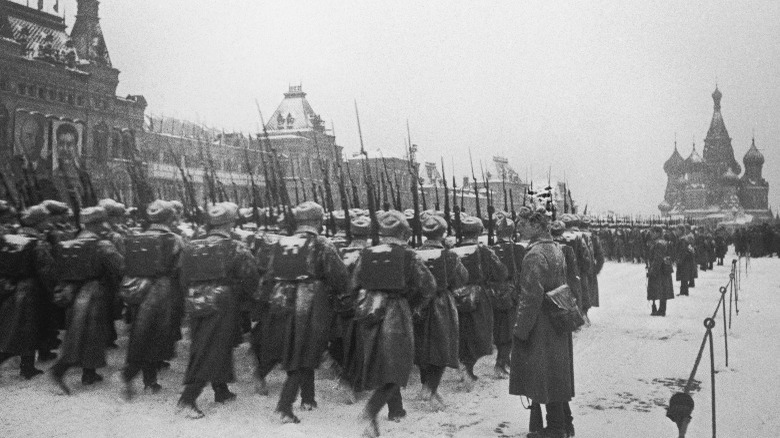 Soviet soldiers marching in snow