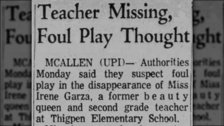 Newspaper article on Irene Garza's disappearence