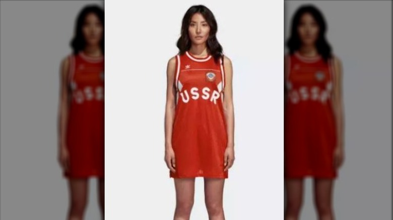 Woman wearing USSR-branded Adidas dress