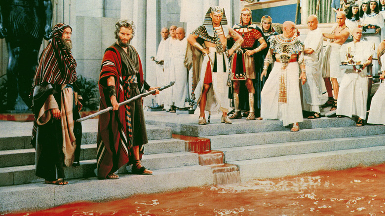 Moses (Charlton Heston) and Aaron (John Carradine) turn the waters to blood