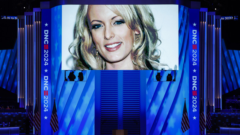 Stormy Daniels' face is projected on a DNC screen