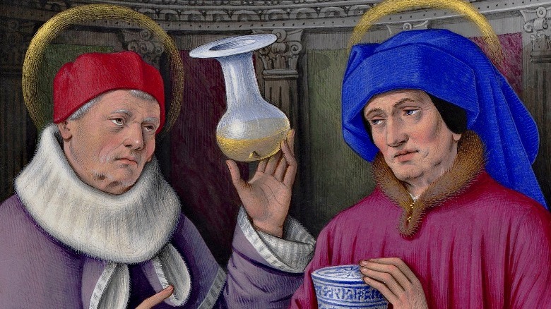 A painting of Saint Cosma and Saint Damian holding jars