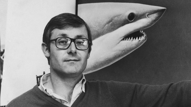 Young Peter Benchley with shark illustration