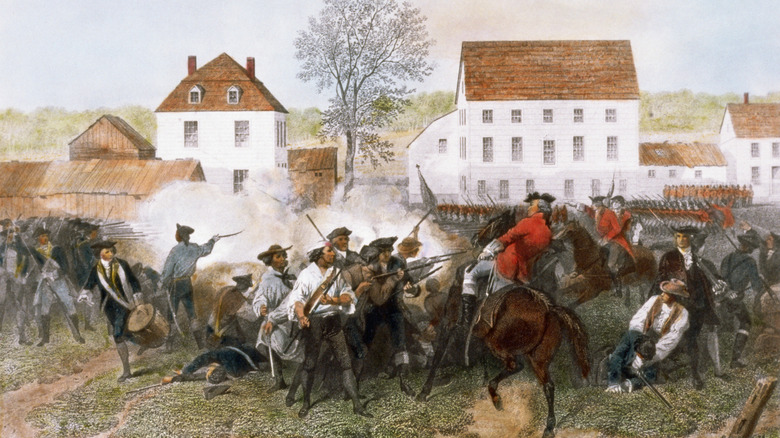 Painting of Battle of Lexington between colonists and British soldiers