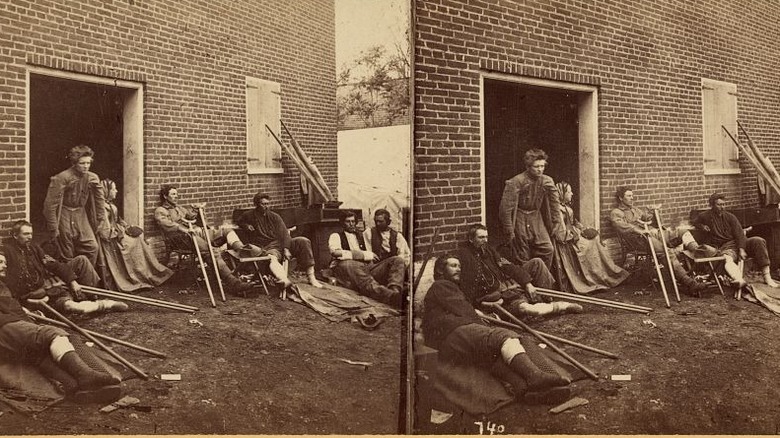 Civil War soldiers outside hospital