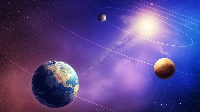 planets orbiting sun purple sky